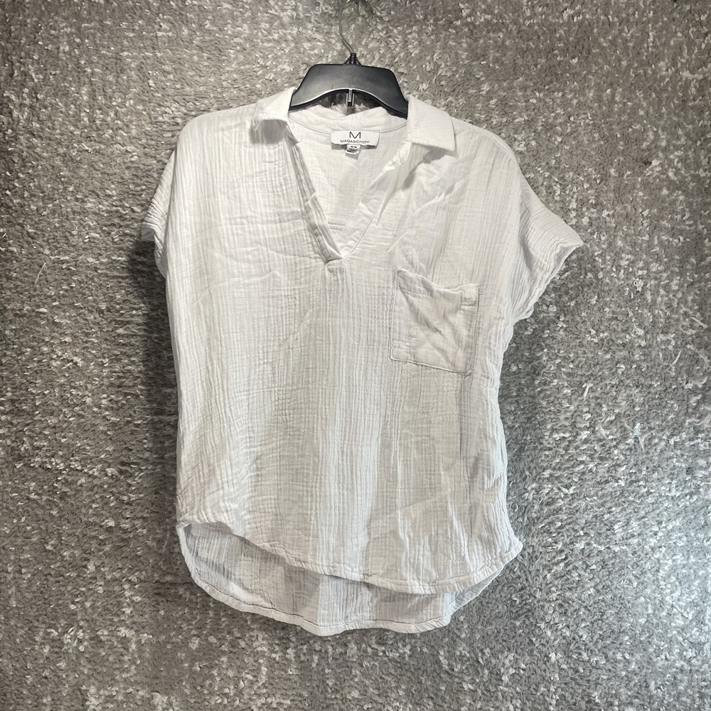 Magaschoni Gauze‎ Crinkle White Pocket Top M Beach Vacation Preppy